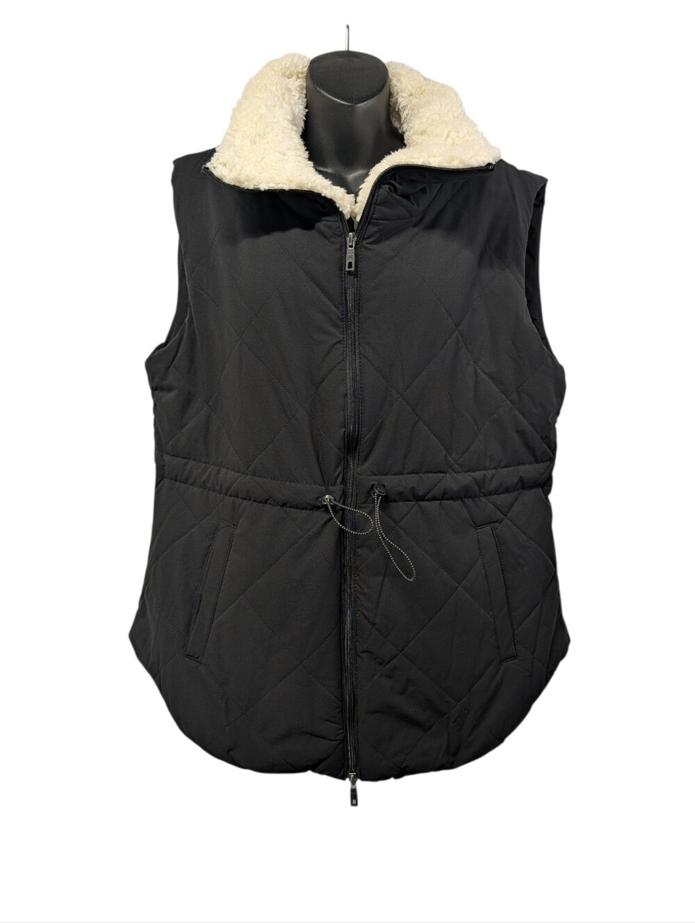 Avalanche Women's Black Quilted Full Zip Faux Sherpa Lined Vest Pockets Size L